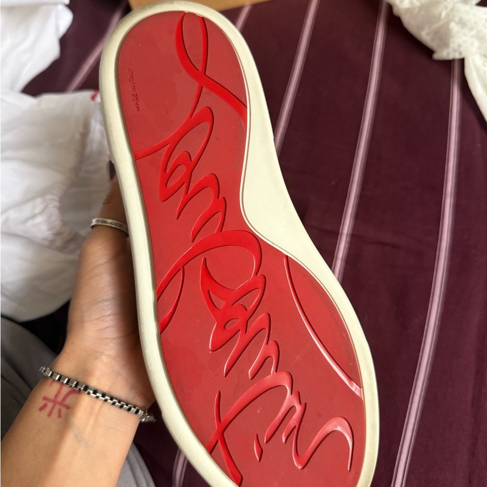 Christian Louboutin White Leather Sneakers with Red Trim - Picture 7 of 8
